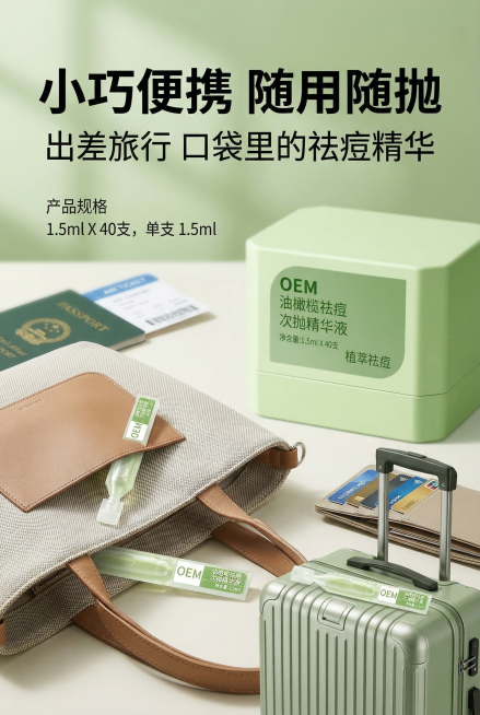 便携性场景展示海报，严格还原上传的油橄榄植萃祛痘次抛精华液产品图，包括包装设计、颜色、LOGO位置、文字内容、图案元素等所有细节，产品规格1.5ml×40支，单支净含量1.5ml，将单支次抛瓶放置在通预览效果