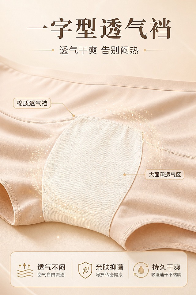 [商品] 使用【图2】肤色款高弹奶皮冰丝空调安全裤，重点展示一字型透气裆部细节；商品处理：保留一字型透气裆的形状、棉质透气面料、肤色冰丝裤身、缝线工艺和腰头设计；自然理顺裤身褶皱，增强透气裆与冰丝面料的质感对比，不改变版型结构。
[画面] 页面目标：微距展示一字型透气裆细节，强调透气不闷、干爽舒适。构图：中部产品裆部微距特写为主视觉（产品占画面70%），透气裆居中放大展示，上方标题区，下方透气原理示意与卖点。背景：浅米色哑光背景，裆部周围有淡金色气流粒子环绕示意透气效果，底部渐变过渡。前中后景：前景透气裆微距、中景裤身主体、后景浅米渐变。
[视觉] 套系策略：风格=高级轻奢商业摄影，简约有品牌感；标题字=现代简约衬线粗体，优雅大气；正文字=简洁无衬线体，清晰易读；主色=浅米色（奶油米白）；背景延展=基于浅米色做深浅渐变、同色系层次和细腻哑光质感；强调色=香槟金色，仅用于小面积图标、引线、装饰线条和标签描边；标题色=深奶茶棕；正文色=暖灰棕；组件=圆角浅金描边信息卡、细金线引线、简约线性图标；光影=左前侧柔和漫射光，突出裆部纹理细节，整体通透干净。
[文字] 顶部主标题「一字型透气裆」，副标题「透气干爽 告别闷热」；中部用细金线引出标注：「棉质透气裆」「大面积透气区」；底部3个卖点横向排列：「透气不闷」「亲肤抑菌」「持久干爽」；文字全部横向排版，不遮挡裆部核心展示区。
[规格] 图片比例2:3竖版，4K分辨率，淘宝/天猫详情页适配。避免变形、错字、文字过小、冷蓝色调、产品颜色失真、医疗功效承诺、低俗擦边内容。