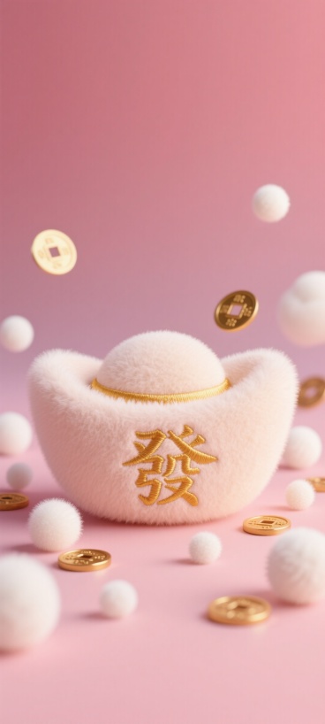 毛绒质感发财壁纸，背景为暖粉色渐变，主体是绣有金色 “發” 字的柔软毛绒元宝，周围散落白色毛绒球和迷你毛绒铜钱，整体氛围可爱喜庆，细节丰富。预览效果