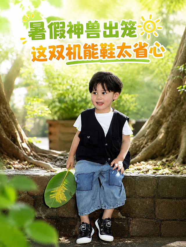基于上传的儿童机能鞋实拍图，制作一张竖版3:4比例的童鞋营销海报。画面保留原图中的小男孩和黑色机能凉鞋，鞋子100%还原原图外形、颜色、logo和材质结构，人物姿态和穿搭自然保留。背景优化为夏日户外公园清新场景，大树绿植与阳光光斑，色调明亮清爽，以绿色和自然木色为主，点缀夏日阳光感。画面上方为大标题区域，主标题文字为"暑假神兽出笼 这双机能鞋太省心"，字体醒目活泼，放在画面上部负空间，不遮挡人物和鞋子。画面中只有标题文字，不添加二维码、价格、卖点标签、多余信息模块或其他冗余元素，版式简洁精美，留白舒适，整体为夏日儿童鞋履种草海报风格，写实商业摄影质感，光影柔和自然，高清细节。