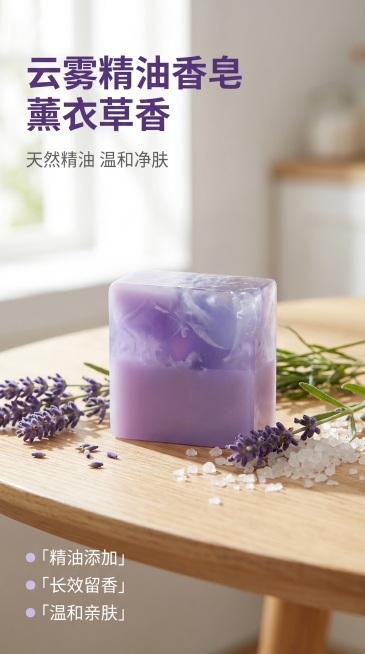[主图 1] 云雾精油香皂 薰衣草香型产品展示首图。[氛围风格] 清新自然日常家居氛围感，天然洁净风。[画质] 商业摄影质感，光线柔和通透，产品清晰真实，画面干净高级。[元素] 紫色薰衣草云雾精油香皂预览效果