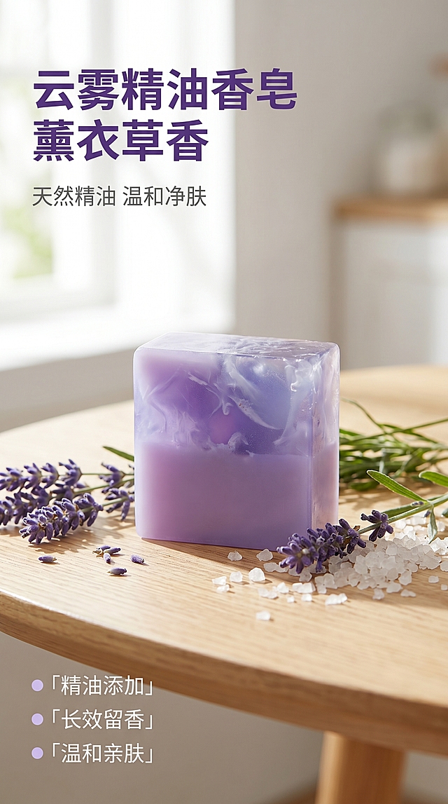 [主图 1] 云雾精油香皂 薰衣草香型产品展示首图。[氛围风格] 清新自然日常家居氛围感，天然洁净风。[画质] 商业摄影质感，光线柔和通透，产品清晰真实，画面干净高级。[元素] 紫色薰衣草云雾精油香皂块居中放置在浅原木纹理桌面上，香皂周围点缀真实薰衣草花束和天然海盐，左上角留出负空间放置文字，保持香皂方块透明精油纹理外观和淡紫色底色和参考图片一致，杜绝任何变形和色差，精细化处理。商品主体占比严格控制在65%左右，画面满屏无边框。[光影] 柔和明亮的上午自然光从左侧窗口射入，给香皂带来自然轮廓阴影，通透不灰蒙，高光不溢，暗部有层次。[配色] 主色调淡紫+浅原木色+白色，清新柔和自然配色。[视角构图] 平视，香皂产品为视觉中心，景深中等。[文字版式] 左上负空间左对齐留安全边距，主标题“云雾精油香皂 薰衣草香”深紫色最大号粗体无衬线字体；副标题“天然精油 温和净肤”约半高，浅灰色。底部留出三个小字块：「精油添加」「长效留香」「温和亲肤」，每个文字配淡紫色小圆点图标。文字和香皂主体不重叠，清晰易读。[比例分辨率] 9:16比例，2k分辨率，文字清晰可辨，超高清。[负向提示词] 变形，水印，文字错乱，产品模糊，背景杂乱，色差。