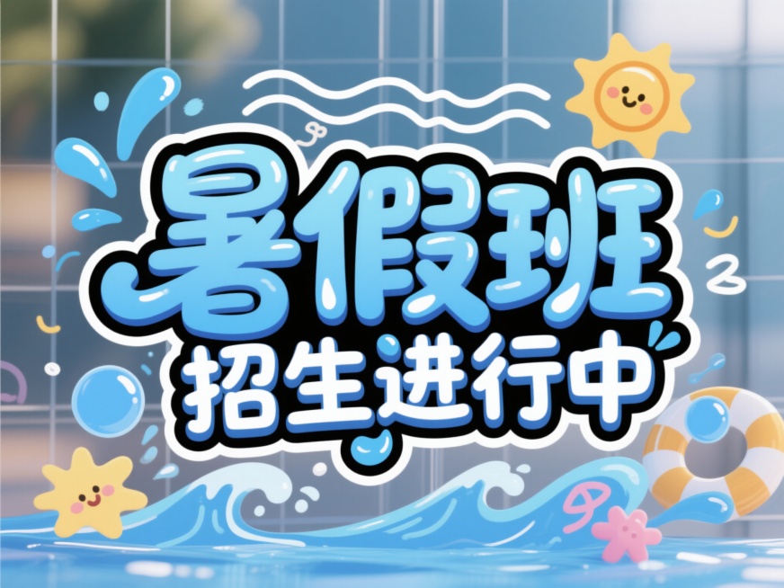 卡通风格暑假班招生宣传海报，主色调为明亮的蓝色系，搭配白色点缀，整体呈现轻松活泼的夏日氛围。画面核心是手写风格的艺术字“暑假班 招生进行中”，字体圆润饱满，笔画末端带有飘逸的曲线和水滴状装饰，字间距宽预览效果