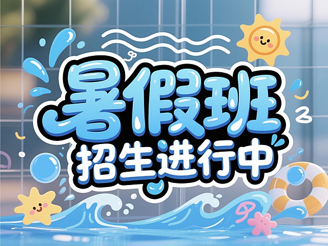 卡通风格暑假班招生宣传海报，主色调为明亮的蓝色系，搭配白色点缀，整体呈现轻松活泼的夏日氛围。画面核心是手写风格的艺术字“暑假班 招生进行中”，字体圆润饱满，笔画末端带有飘逸的曲线和水滴状装饰，字间距宽松舒适。文字周围环绕着蓝色的水花、气泡、波浪线和太阳图案等童趣元素，增强夏日清凉感。背景为透明，视觉层次清晰，信息传达直接高效，符合面向学生和家长的招生宣传目的，突出暑假的轻松愉快和学习机会。