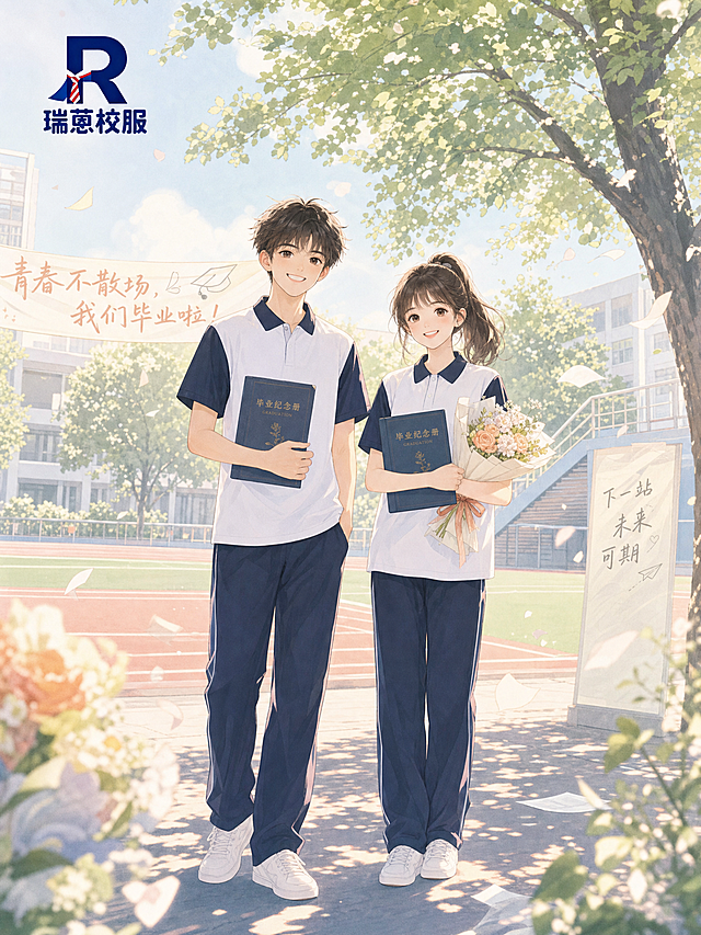 设计一个男生和一个女生的高中生卡通形象，穿着图中瑞蒽校服藏青拼白短袖polo衫，毕业季场景，校园里充满毕业氛围，日系清新风，柔和画面，浅色系，手绘感，氛围感拉满，偏治愈温柔，左上角放置瑞蒽校服logo，logo为蓝色R字母搭配红白条纹领带