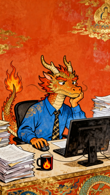 卡通风格，喷火龙穿着蓝色衬衫和领带，在办公室工作，坐在电脑前，右手握鼠标，左手托腮，表情疲惫，桌上有一杯印着火焰标志的咖啡，周围堆满文件，背景为橙红色，手绘线条风格，复古漫画感，类似《纽约客》插画，色预览效果