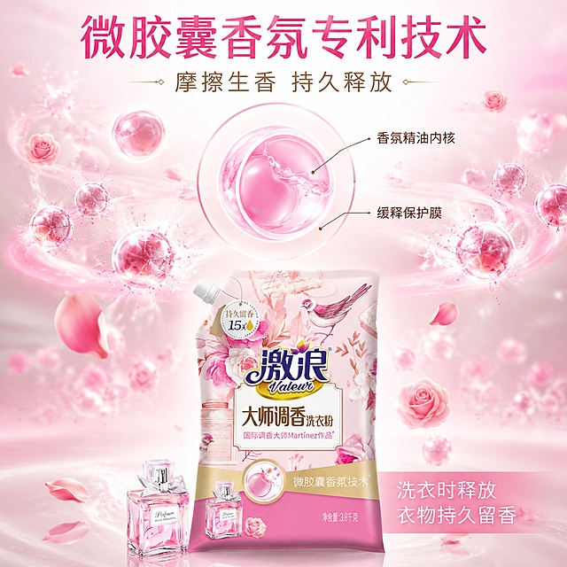 [主图-3] 微胶囊香氛专利技术机理图，科技感与柔美结合。
[氛围风格] 轻科技香氛机理可视化，浪漫粉金调配色，洁净高级感；
[画质] 商业摄影质感、光线柔和通透、产品清晰真实、画面干净高级。
[元素] 激浪大师调香洗衣粉产品位于画面下方居中，产品外观与输入图一致。画面中上部展示微胶囊香氛技术可视化效果：无数粉色透明微胶囊颗粒悬浮在空中，部分胶囊破裂释放出香气分子，香气以柔美的粉色波纹和玫瑰花瓣形态向外扩散。中间有一个放大的圆形特写区域，展示微胶囊的剖面结构，外层是透明保护膜，内部包裹着粉色香氛精油。背景为渐变的浅粉色到白色，有柔和的光晕效果。周围点缀细小的玫瑰花瓣和光点，营造香气弥漫的感觉。
[光影] 中心光晕为主光源，微胶囊有通透的折射光效果，破裂处有明亮的光点，产品受上方柔光均匀照射，底部有自然投影，整体光影梦幻通透，科技感与柔美平衡。
[配色] 主色樱花粉、透明白；辅色香槟金、玫瑰红；点缀色光晕白。
[视角构图] 平视偏俯视视角，产品在下，机理可视化在上，形成上下叙事结构，视觉中心在中部微胶囊放大区域，引导用户理解技术原理。
[文字版式] 顶部主标题"微胶囊香氛专利技术"，粉色粗体大号字体；副标题"摩擦生香 持久释放"，中号浅棕色。微胶囊放大圆旁边标注"香氛精油内核""缓释保护膜"，引线式标注，小号棕色字体。底部产品旁文字"洗衣时释放 衣物持久留香"，白色字体配半透明粉色底条。
[输出要求] 1:1比例，文字清晰锐利可辨，超高清商业摄影质感。
[负向提示词] 变形，文字错乱，产品图模糊，背景杂乱，水印，电商平台Logo，多余的手，畸形手，重医药风。