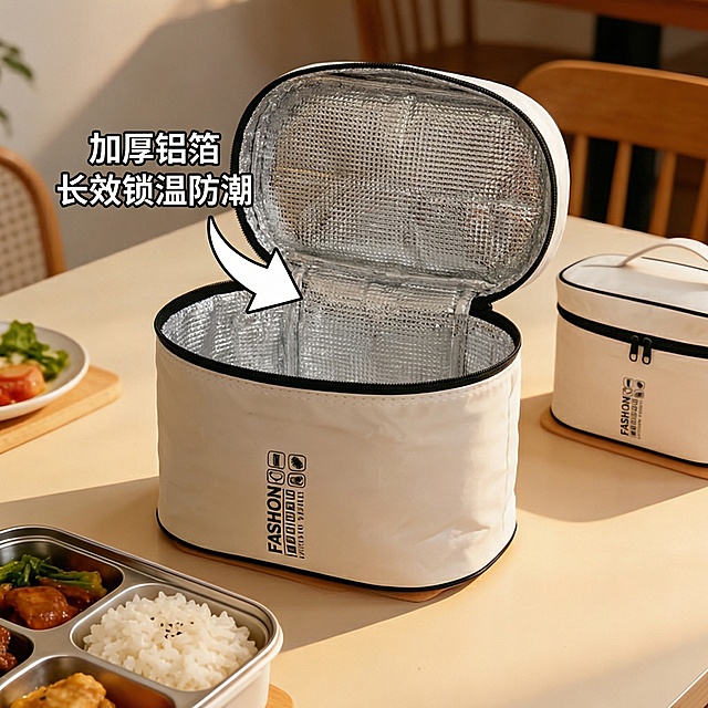 野炊防水手提包卖点图，打开包展示内部加厚铝箔内衬，用箭头和文字标注“加厚铝箔 长效锁温防潮”，背景简洁，突出材质细节和核心卖点