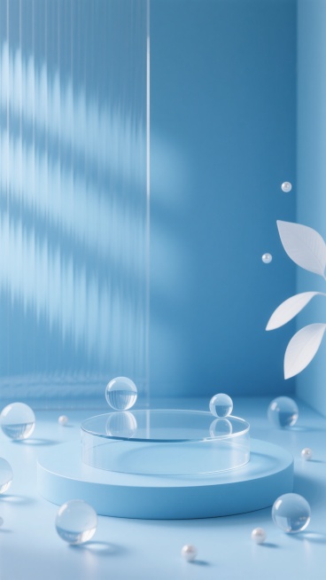 微距视角，在由纯净浅蓝色亚克力板打造的极简展示空间内，圆形透明玻璃展示台悬浮于浅蓝色平台正中央，大小不一的透明玻璃球体均匀散落在周围，其表面清晰折射出柔和漫反射光线与高光，半透明竖条纹亚克力板构成背景，左侧柔和光线透过后形成平行光影，右侧点缀几片白色抽象叶子形态小珠子，构图简洁平衡，留白精准，尽显纯净高端宁静的蓝色场景背景素材感。预览效果