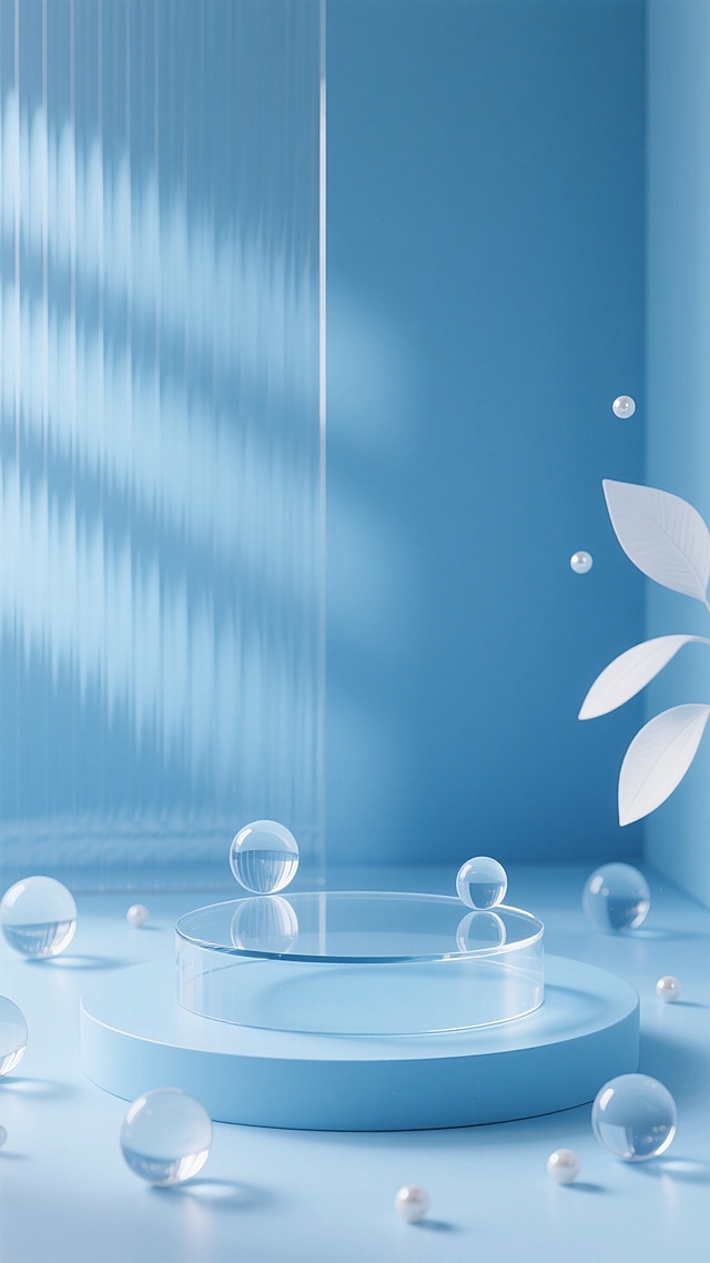 微距视角，在由纯净浅蓝色亚克力板打造的极简展示空间内，圆形透明玻璃展示台悬浮于浅蓝色平台正中央，大小不一的透明玻璃球体均匀散落在周围，其表面清晰折射出柔和漫反射光线与高光，半透明竖条纹亚克力板构成背景，左侧柔和光线透过后形成平行光影，右侧点缀几片白色抽象叶子形态小珠子，构图简洁平衡，留白精准，尽显纯净高端宁静的蓝色场景背景素材感。