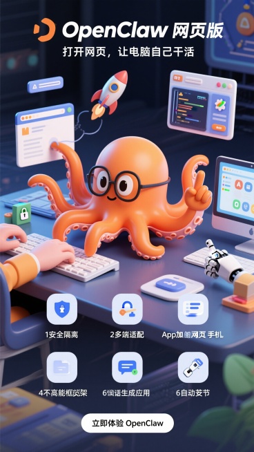 OpenClaw互联网产品海报，整体风格酷萌科技感，酷毙但亲切的AI产品风格。海报中心是橘色身体Q版圆润造型八爪鱼IP，八爪鱼戴着眼镜，表情专注严肃可爱，八只触手同时工作：一只触手敲键盘写代码，一只拖预览效果