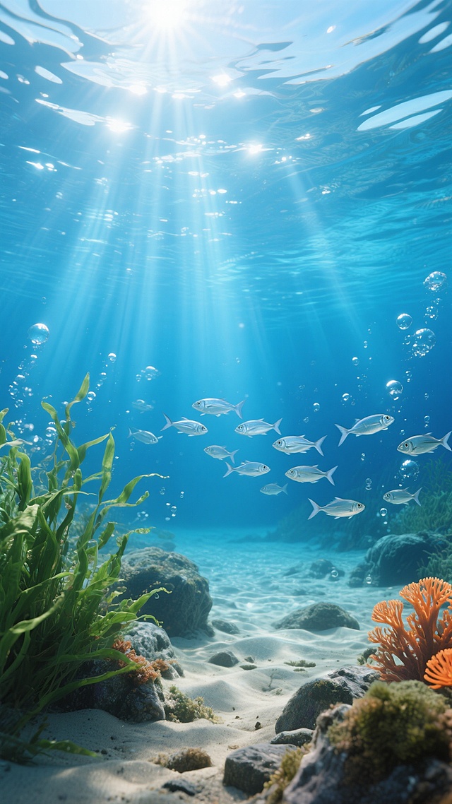 超写实水下场景，清澈湛蓝的海水，阳光从水面上方穿透形成明亮的光束，光线在水中折射出粼粼波光和光斑，底部是纹理清晰的岩石和沙地，点缀着绿色海草和橙色海葵，一群银色小鱼在光束中游动，周围漂浮着细小的气泡，整体呈现宁静而梦幻的氛围，极致的细节和真实的光影效果，高清晰度，写实主义风格。