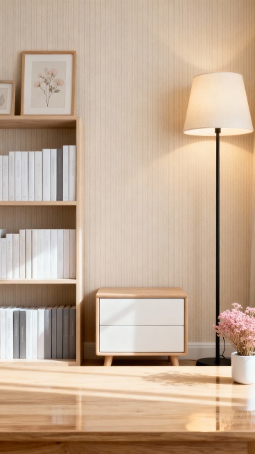 帮我生产五六张，这是一张现代简约风格的室内产品展示背景图，采用9:16的竖版构图。画面采用平视角度拍摄，主体床头柜产品位于画面中央偏下位置，营造出干净整洁的展示效果。背景环境是一个温馨的现代家居空预览效果