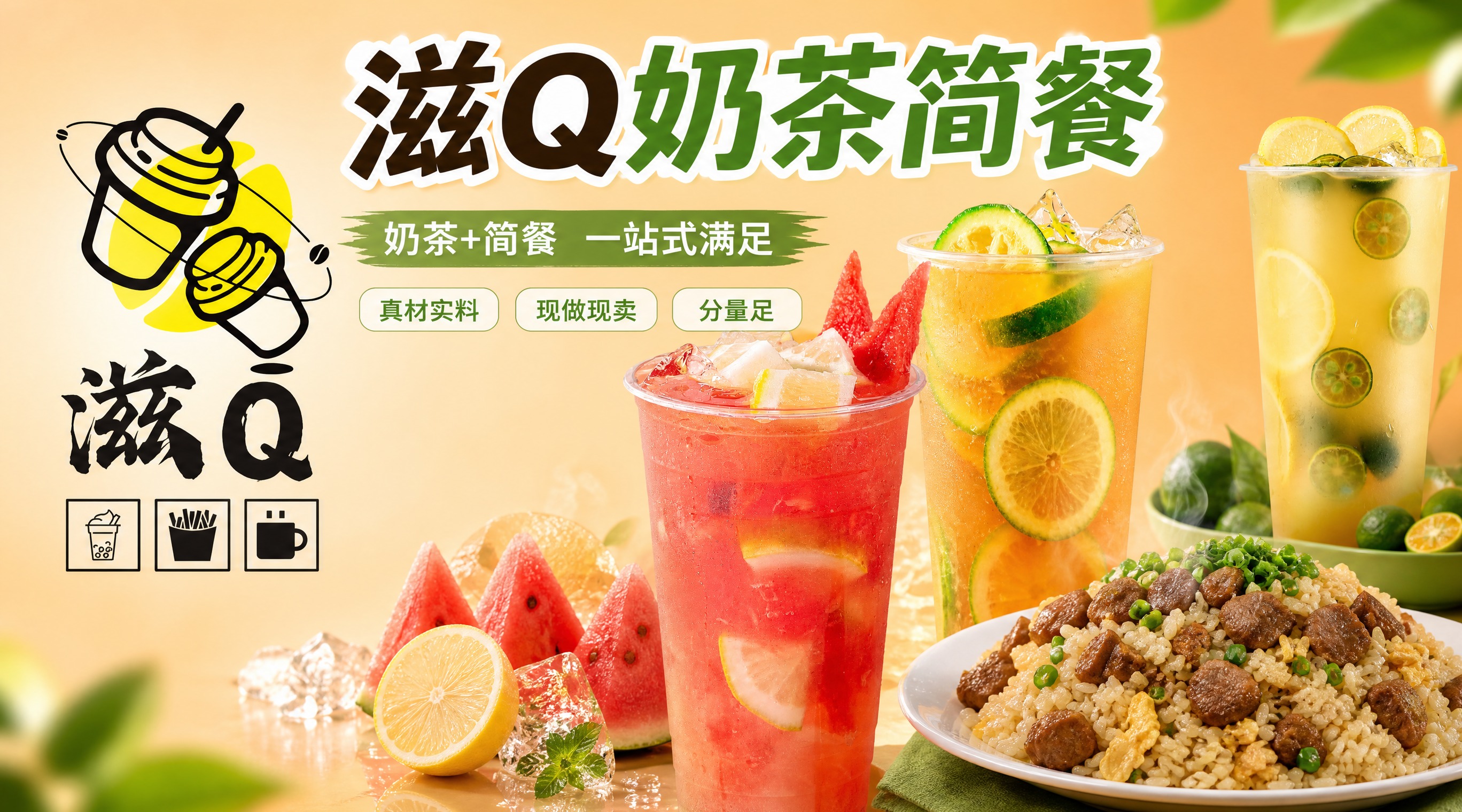 外卖店铺招牌设计，横版构图。左侧放置图1的滋Q奶茶LOGO作为… - 图片创意预览