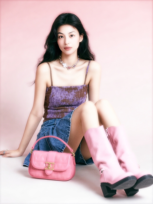 低饱和粉色纹理渐变背景，女人（紫棕纹理吊带搭配蓝色半身裙，粉色中筒靴，千禧年配饰）坐在地上，玫红色复古腋下包放旁边。看镜头。