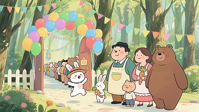 森林聚会入口，卡通风格，无文字，森林里有彩色气球拱门，门口排队等候的小动物，一只蹦跳的白兔，戴帽子的兔爸爸，穿围裙的兔妈妈，抱着胡萝卜的兔弟弟，胖棕熊躲在棕熊妈妈身后，整体氛围欢快热闹，手绘动画风格，明亮柔和的色彩