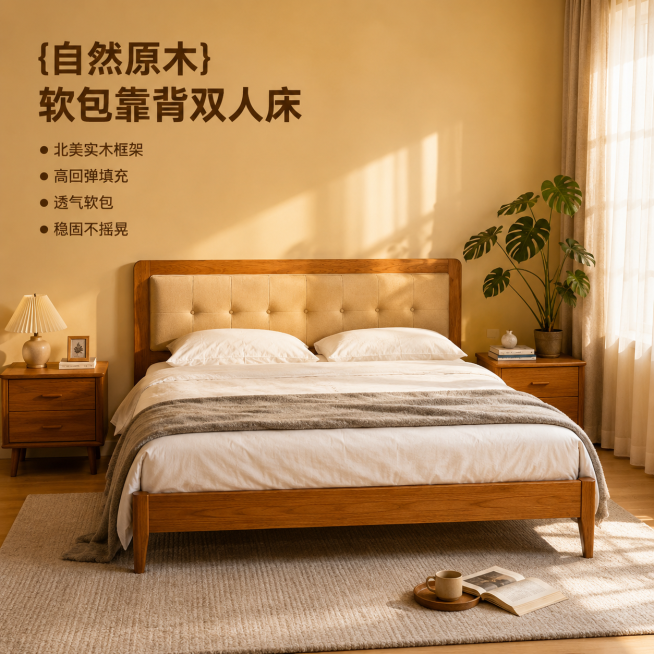 [主图-1] 实木软包双人床卧室场景首图。保持实木框架软包靠背的外观（物理结构、材质质感、颜色）与输入产品图绝对一致，杜绝任何变形和色差，精细化处理。氛围为温馨原木风居家生活感，午后暖调自然光透过窗纱预览效果