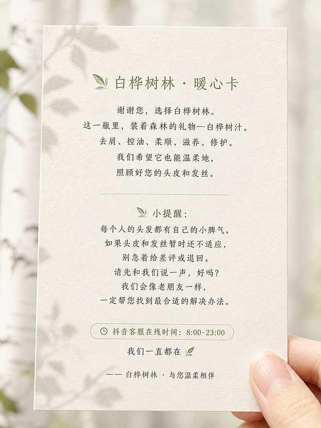 「图片1」「图片1」「图片1」「图片1」「图片1」「图片1」图1为产品图，图2图3是logo和品牌名，图4是模板 ，图5、6是白桦树汁采取过程图片，根据参考图的产品帮我生成一个白桦树林售后服务暖心卡，正面主要是品牌名和品牌logo，背景有白桦树汁采取的过程，背面是暖心语（�� 白桦树林 · 暖心卡   谢谢您，选择白桦树林。 这一瓶里，装着森林的礼物—白桦树汁。 去屑、控油、柔顺、滋养、修护。 我们希望它也能温柔地，照顾好您的头皮和发丝。   �� 小提醒： 每个人的头发都有自己的小脾气。 如果头皮和发丝暂时还不适应，别急着给差评或退回。 请先和我们说一声，好吗？ 我们会像老朋友一样，一定帮您找到最合适的解决办法。   抖音客服在线时间：8:00-23:00   我们一直都在��   —— 白桦树林 · 与您温柔相伴），白桦树林售后服务暖心卡正面和背面，森系清新风格，品牌名与logo居中排布，背景点缀白桦树及白桦树汁采取场景，柔和自然光漫射，画面干净通透，层次分明，无文字错误、无水印、无边框、无多余元素