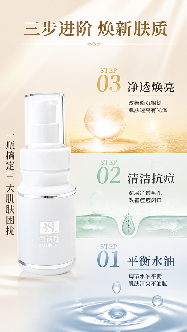 [第4张] 功效链路页-平衡水油→清洁抗痘→净透焕亮三段式递进展示。本张使用【图1】作为商品主体，保持产品外观与原图一致。
[氛围/风格] 进阶护肤仪式感，三段递进视觉，高级院线质感，色彩光亮层次丰富。
[元素布局] 画面纵向分为三段递进区域，由下至上层层升级：底部第一层「平衡水油」配水波纹+油滴平衡视觉元素；中间第二层「清洁抗痘」配毛孔清洁示意+泡沫纹理元素；顶部第三层「净透焕亮」配发光肌肤纹理+光晕元素；产品瓶身置于画面左侧中部，贯穿三个层级，右侧为三段功效说明区；背景为米白到浅金的渐变叠加丝绸光泽纹理。
[光影质感] 右侧柔光从顶部洒下，形成由上至下的光感递进，产品正面清晰受光，每层功效区有独立的微光氛围。
[配色色系] 全局底色 #FAF6EF 米白到浅金渐变；主色白色瓶身；辅助色水蓝（水油层）、薄荷绿（清洁层）、暖金（焕亮层）。
[视角构图] 纵向三段式递进，左侧产品贯穿，右侧功效分层，阅读动线底部→中部→顶部，层层升级。
[文字版式] 顶部主标题「三步进阶 焕新肤质」，衬线字体居中；右侧三段功效分别配大数字编号和标题：「STEP 01 平衡水油」「STEP 02 清洁抗痘」「STEP 03 净透焕亮」，每段下方配两行简短说明文字；左侧产品旁标注「一瓶搞定三大肌肤困扰」。文字层级分明，清晰可读。
[比例分辨率] 9:16竖版比例，4K分辨率，文字清晰可辨，高清画质。
[负向提示词] 产品变形，颜色偏差，水印，文字错乱，医疗术语，夸大承诺，优惠信息。