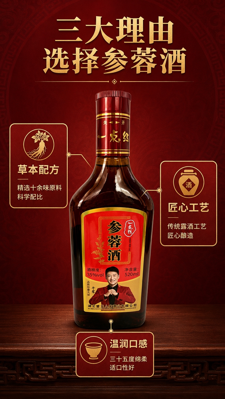 [商品] 使用【图1】一点红参蓉酒正面瓶身图；保留瓶型、红金标… - 图片创意预览
