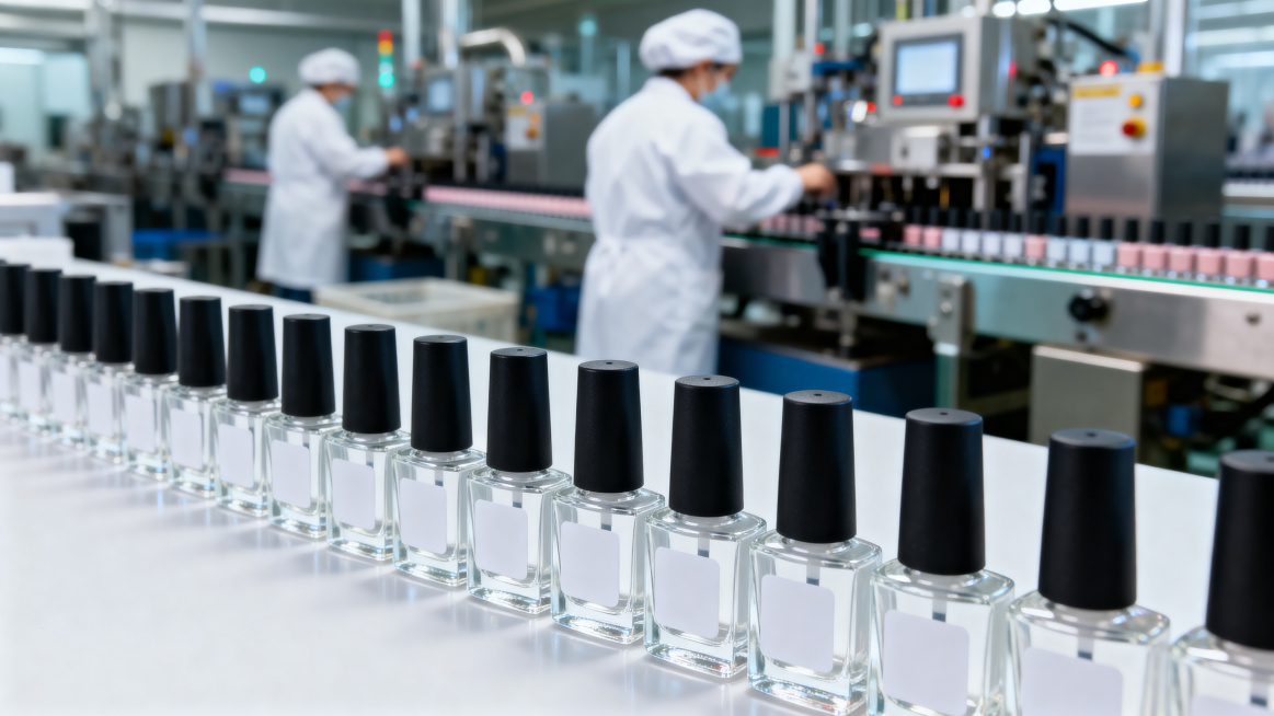 Foreground: neatly arranged rows of empty nail polish bottles with custom label areas, soft studio l预览效果