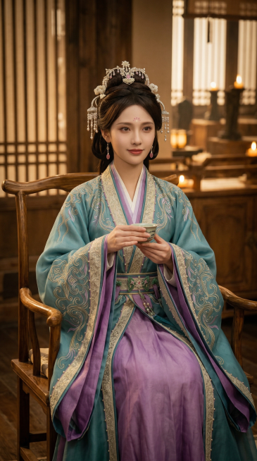 将图中原本的古装男子替换为图2的穿着青紫色汉服、头戴发饰的古装女子，女子端庄地坐在木椅上，手里拿着茶杯，保留原图暖调古风水木室内背景，保持原图的光影氛围和质感预览效果