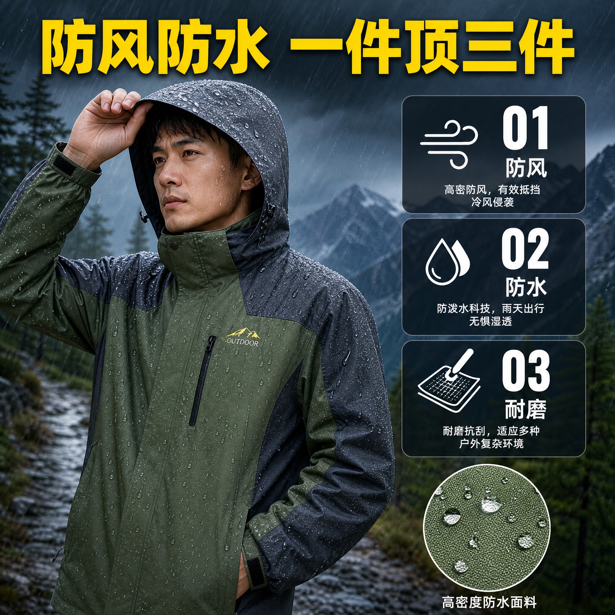 [主图-2] 功能参数展示图，主题：防风防水 耐磨抗造 三大核… - 图片创意预览