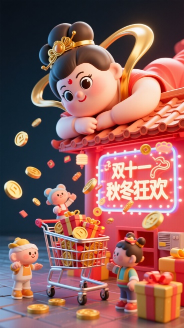 画面呈现金红色调：巨人版胖嫦娥（看起来可爱又漂亮，大眼睛）脑袋侧枕着手臂从屋顶后探出，与下面的微缩的软3D风格融合卡通人物与霓虹灯风，营造喜庆促销氛围，虚拟现实场景中购物车满载礼物，金币与礼盒飞舞，呼预览效果