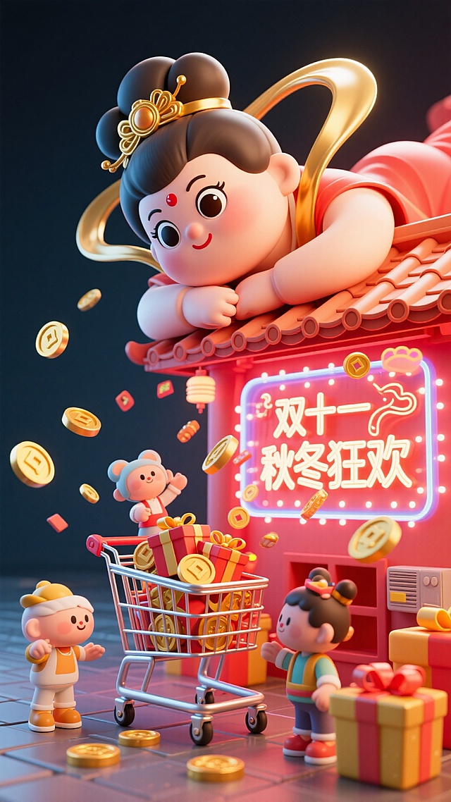 软3D国潮风，卡通人物萌趣互动，霓虹灯牌点亮“双十一秋冬狂欢”，金币飞舞，购物车满载礼盒，喜庆促销氛围十足。
