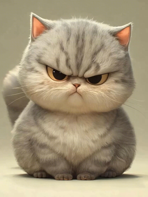 从首帧开始，生气的毛绒小猫慢慢张开嘴巴漏出两个小尖牙做出啊呜一口的动作，然后慢慢将头扭向一边保持生闷气的状态，整体动作自然流畅，保留3D毛绒质感预览效果