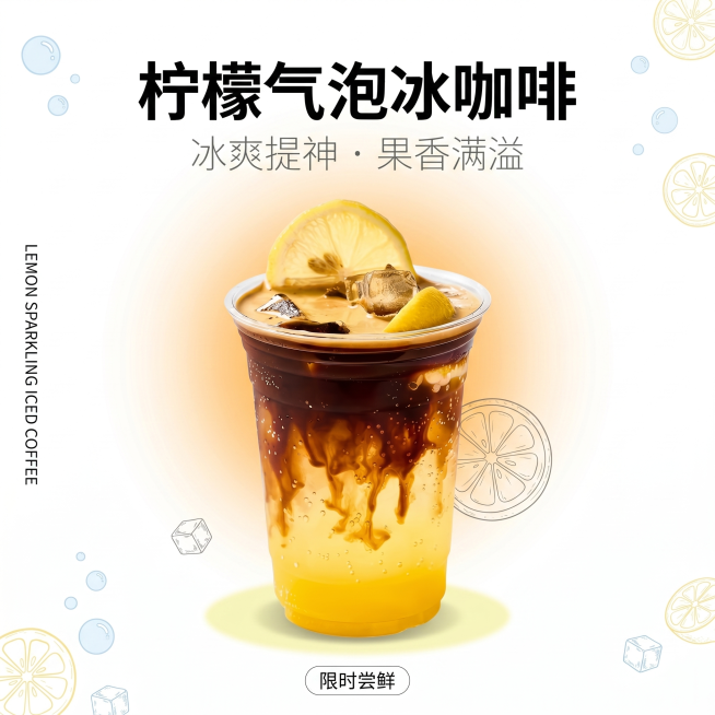 极简高级风格柠檬气泡冰咖啡电商海报，写实商业摄影，版式精美。主文案“柠檬气泡冰咖啡”位于画面上方1/3处，居中放大，粗黑无衬线字体，纯黑色；副文案“冰爽提神 · 果香满溢”在主文案下方，纤细浅灰色无衬预览效果