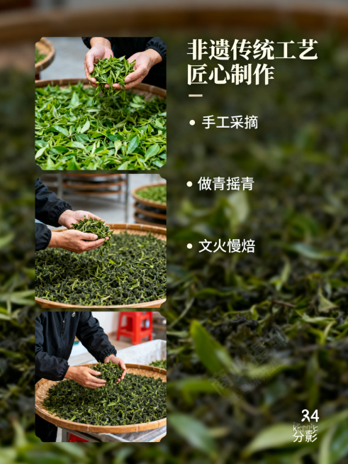 安溪铁观音传统制作工艺详情页，竖版3:4，商务轻奢风格。图文分块展示，左侧拼贴做青、摇青、烘焙等工序场景，右侧配文字标题"非遗传统工艺 匠心制作"，下方分点"手工采摘 做青摇青 文火慢焙"。版面干净商预览效果