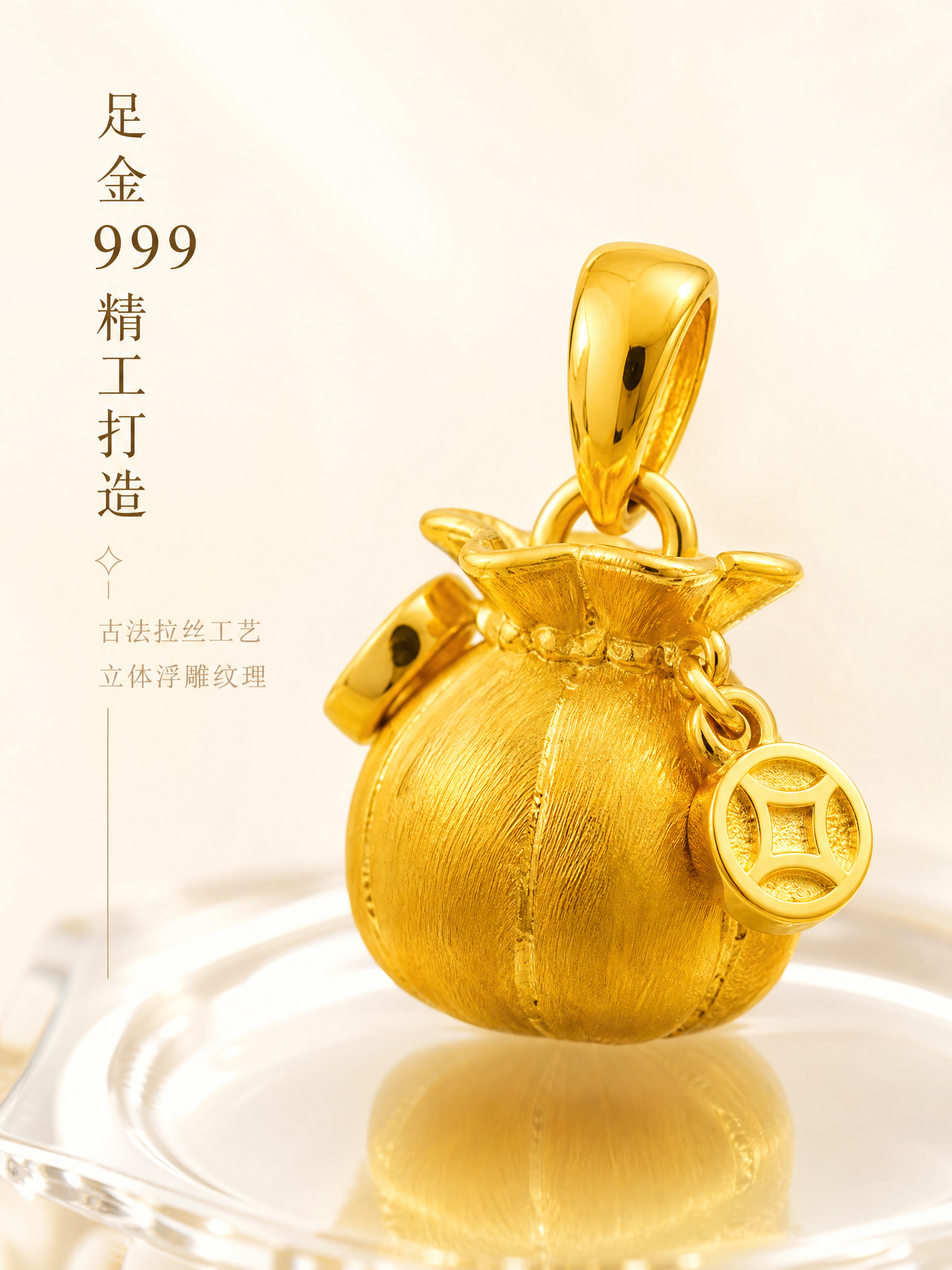 [主图-2] 黄金福袋吊坠 材质工艺细节展示 突出足金纯度与精… - 图片创意预览