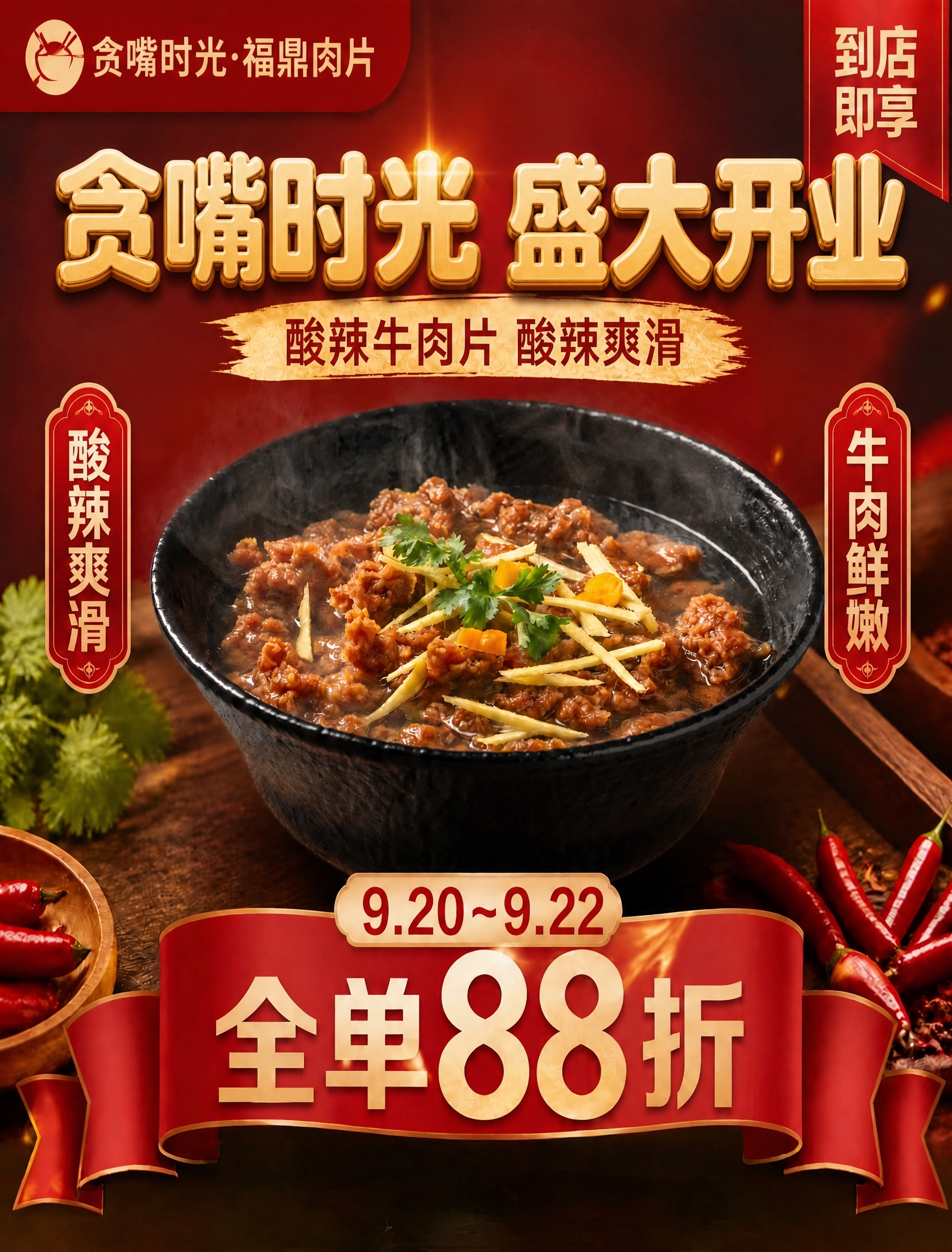 基于这张开业海报进行修改：仅改变主标题“贪嘴时光 盛大开业”的… - 图片创意预览