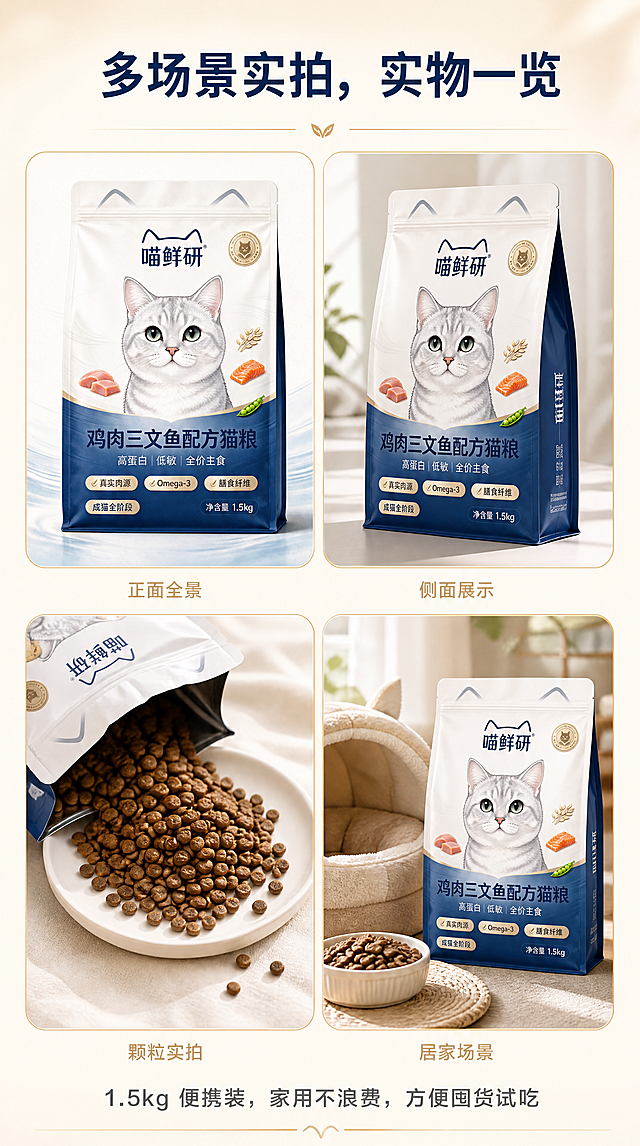 [商品] 使用【图1】喵鲜研鸡肉三文鱼配方猫粮包装袋作为核心产品图；保留全部包装元素；4张图中第1张为产品正面全景（基于原图），其余3张为同一款产品的不同角度/场景（侧面、倒出颗粒、居家场景），保持包装外观、颜色、文字完全一致。
[画面] 多场景展示屏，2×2多图排版多角度呈现产品；浅米白柔光底，中间区域4张圆角图片2行2列排列；图1：产品正面全景（主包装图）；图2：包装袋侧面展示（同一款，侧面角度，保留品牌识别）；图3：倒出猫粮颗粒放在浅色浅盘里（包装开口+颗粒特写）；图4：猫粮放在居家环境猫窝旁边的场景图（温馨居家，自然光线）；4张图统一光影色调，画面干净，突出产品；画面层次：背景→4张场景图→标题+底部文案，≥3层视觉。
[视觉] 套系策略：风格=干净高级自然轻奢商业摄影风，写实柔和；标题字=现代无衬线粗体（思源黑体类）；正文字=简洁无衬线体；主色=深海蓝+米白+浅金；背景延展=浅米白柔光渐变底；强调色=浅金色，用于图片边框、装饰线；标题色=深海蓝；正文色=深灰；组件=圆角图片卡片、细金线装饰、浅米色底衬；光影=4张图统一柔和自然光，色调一致。
[文字] 顶部大标题（深海蓝粗体）：「多场景实拍，实物一览」；底部文案（中灰色）：「1.5kg 便携装，家用不浪费，方便囤货试吃」；4张图片下方可加简短标签（浅金色小字）：正面全景、侧面展示、颗粒实拍、居家场景；所有文字横排，简洁清晰。
[规格] 图片比例9:16竖版（750×1334），分辨率4K，负向提示：避免4张图色调不统一、包装外观不一致、场景杂乱、文字过小、错字、卡通风格。
