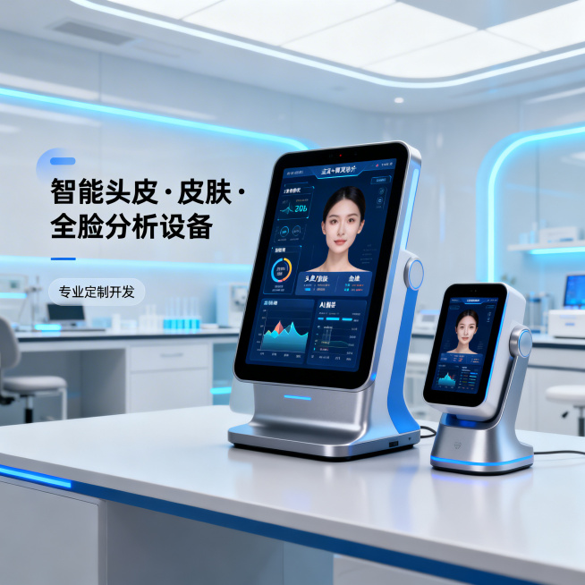 高端科技风格的智能美业设备首屏Banner图，中央为一台现代感十足的智能分析设备（台式+便携双形态示意），设备屏幕显示头皮/皮肤/全脸多维分析数据图表与AI报告界面；背景为简约现代美容实验室环境，柔和预览效果