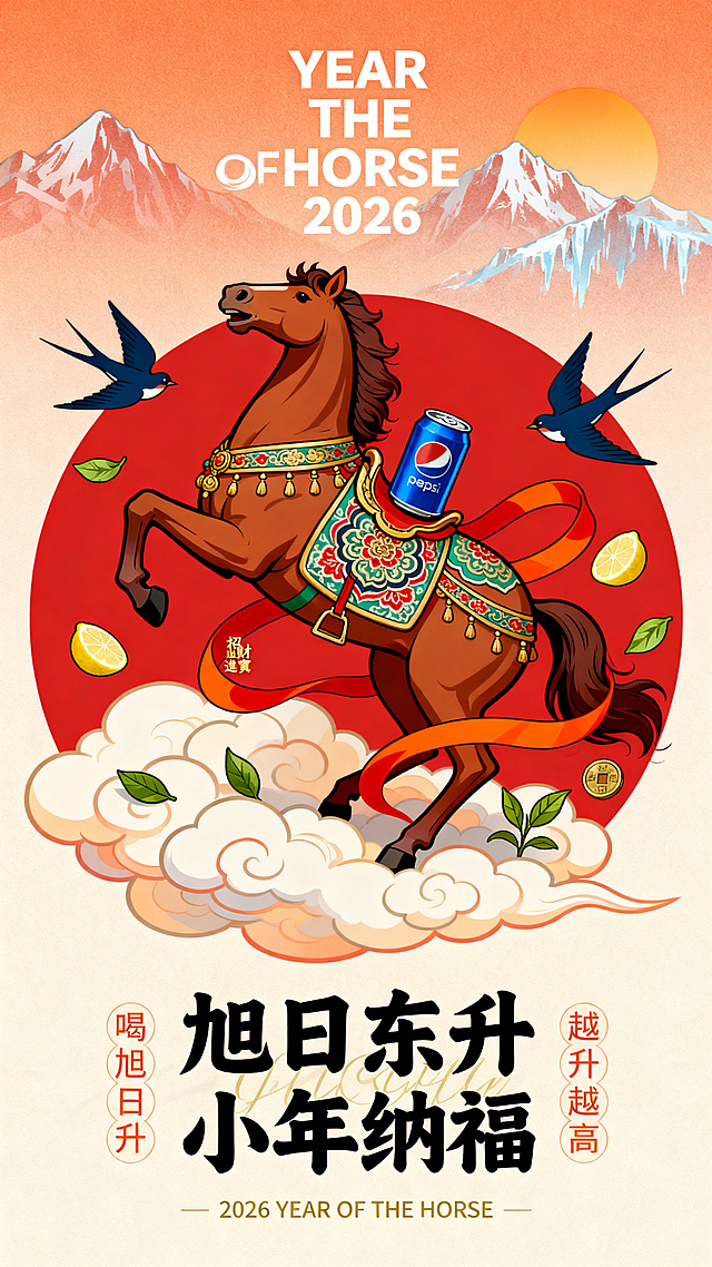 纯扁平风，国潮风描边插画，极繁，丰富细节的国潮插画，扁平插画，正红红渐变浅橙底色，搭配祥云。画面主体为红色圆形构图，中央是匹棕色的马，在云团上，马背上有一罐蓝色易拉罐，造型充满力量感与动感，昂首扬尾，一只前蹄腾空。马身装饰着华丽的鞍鞯，扁平图案融合了敦煌藻井的卷草纹、宝相花纹，色彩以青、绿、红、金为主。橙红色丝带随风飘扬，环绕马身。
，马周围环绕柠檬、绿茶叶，两只深蓝色燕子环绕马，圆形背景为暖红色渐变，衬以冰山山峦和太阳。文案排版为：顶部居中一行白色字「YEAR OF THE HORSE 2026」；圆形下方主标题为一行黑加粗书法字体「旭日东升 小年纳福」；主标题下方叠印浅金细「2026 YEAR OF THE HORSE 」；标题左右两侧竖排浅橙色小字，左侧「喝旭日升」、右侧「越升越高」；马身旁铜钱旁点缀迷你烫金字体「招財進寶」。