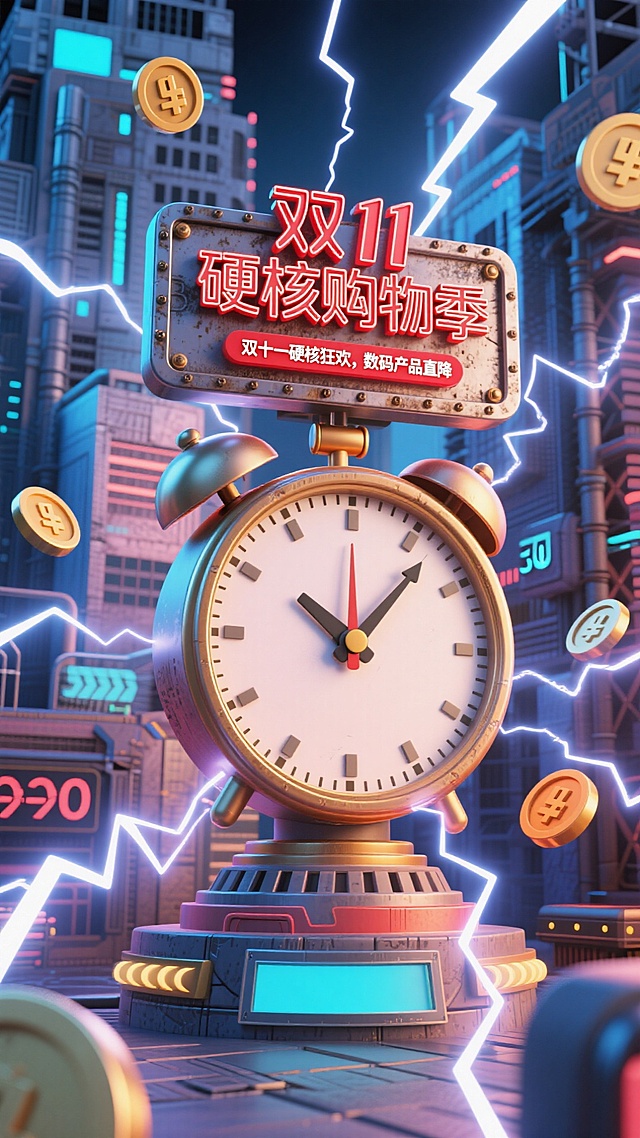赛博朋克风3D海报，融合未来感与工业感，霓虹灯闪烁，金属质感闹钟与粒子光效营造科技氛围，突显双11硬核购物季主题。