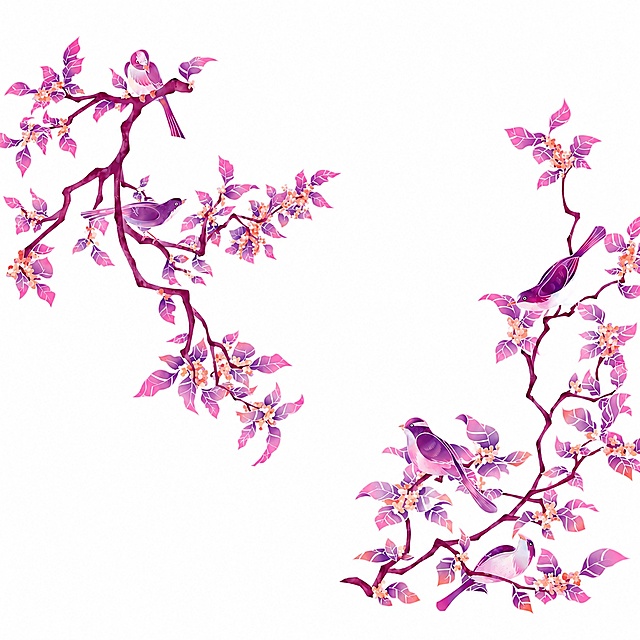保留画面中的树枝、花叶和小鸟，去掉所有其他内容（包括拼图、中秋文字、月饼、月亮、建筑等），背景保留为纯白色，整体保持玫红调插画风格