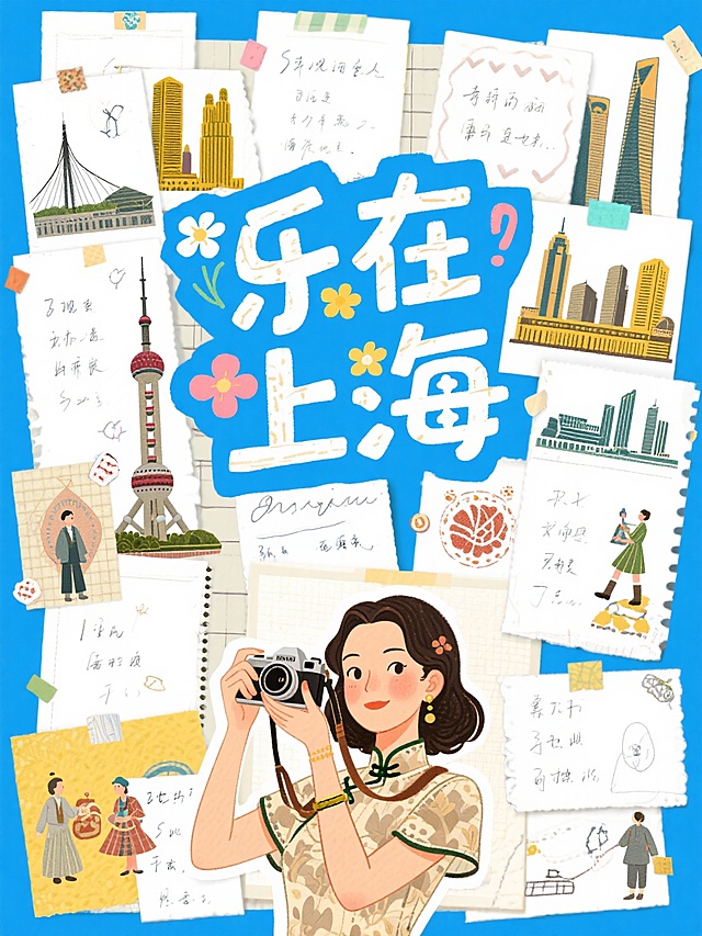 清新插画风，手账元素点缀，展现上海城市魅力与人文情怀。
