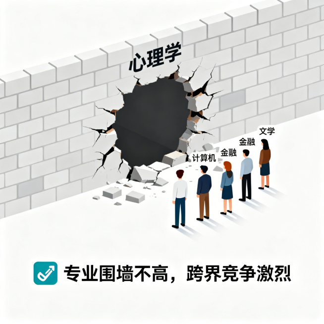 极简信息图形式，图标+关键词+短句。主视觉：一个写有“心理学”的围墙破了一个大洞，外面站着不同专业的人，分别标着“计算机”、“金融”、“文学”。下方配文案：“🚧 专业围墙不高，跨界竞争激烈”。整体设预览效果