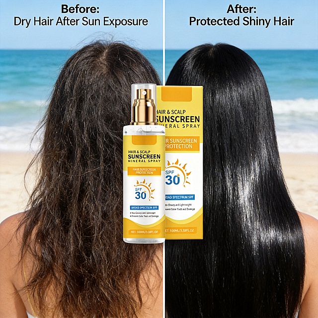[主图-4] Before and after effect comparison. Same seaside beach background, unified style. Left-right split layout: Left side shows before use: hair damaged after long sun exposure, looks dry dull hair with increased hair fall, title "Before: Dry Hair After Sun Exposure" at the top. Right side shows after use: hair shiny smooth healthy, reduced hair fall with glossy texture, title "After: Protected Shiny Hair" at the top. The product bottle is placed in the center overlapping the boundary of left and right, keep product appearance 100% consistent with the original image. [Atmosphere] Clear contrast effect display, neutral objective. [Image quality] High definition, clear difference between before and after, product clear. [Lighting] Same natural bright light on both sides, consistent comparison environment. [Color] Background consistent with the whole set of seaside style. [Text] All English, titles are clear, simple font, high contrast. [Proportion] 1:1, 2k resolution. [Negative prompt] deformation, watermark, text error, blurry product, Chinese characters, exaggerated expression