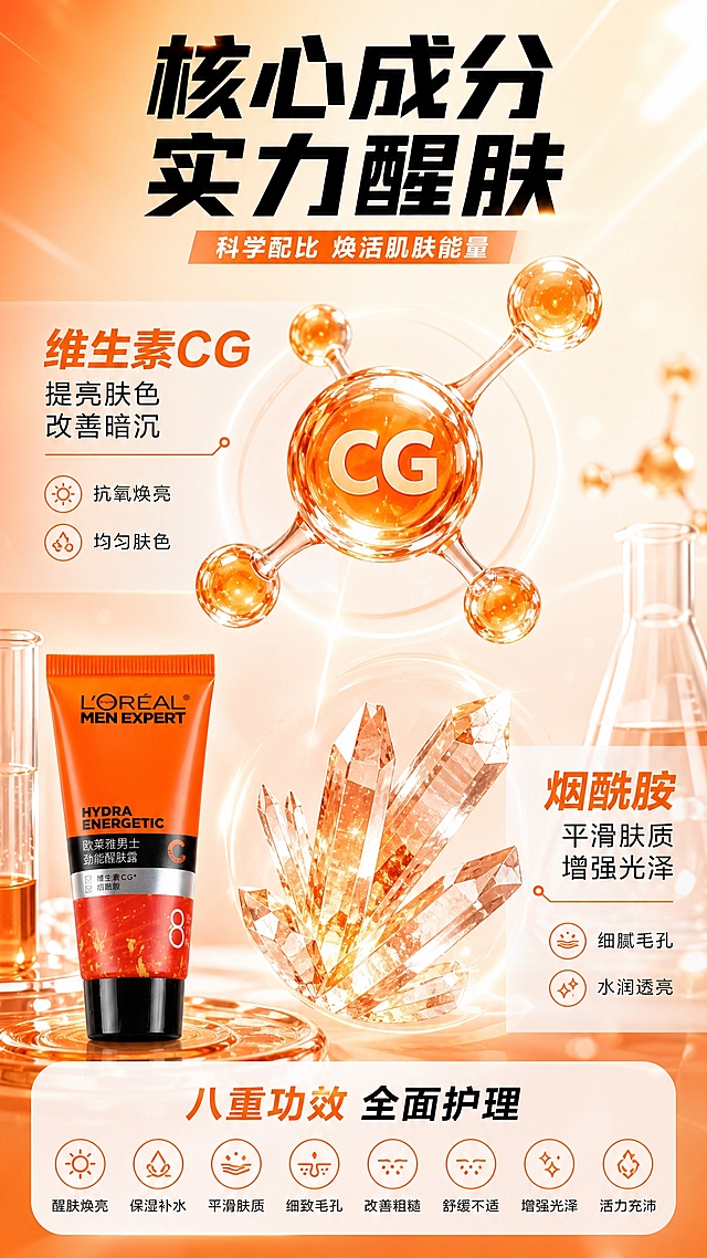 [商品] 成分功效专页 可不带产品外观 重点展示成分可视化；若出现产品须与【图1】欧莱雅男士劲能醒肤露外观一致。
[画面] 页面目标：成分与功效理由 成分展示型。画面中央放大展示3D维生素CG分子结构和烟酰胺晶体 单元素占画面30%以上 主视觉合计占50%以上 左侧或底部有产品小图建立归属 背景为科技感橙白渐变 有实验室玻璃器皿和光效点缀 成分元素大且清晰 不是小icon点缀。
[视觉] 套系策略：风格=拼多多大字直白高性价比商业摄影风；标题字=粗黑体 粗大醒目；正文字=简洁非衬线体；主色=品牌橙；背景延展=基于橙色做深浅渐变 同色系明暗层次 搭配白色干净背景；强调色=黑色+红色 仅用于小面积标签 图标引线和重点数字；标题色=黑色或白色强对比；正文色=深灰色；组件=圆角信息卡 圆形icon 细线引线；光影=科技感柔光 分子结构有通透质感。
[文字] 顶部大标题 核心成分 实力醒肤 下方分两大块 左侧维生素CG 提亮肤色 改善暗沉 右侧烟酰胺 平滑肤质 增强光泽 底部小字 八重功效 全面护理 文字横排 成分名称字号大 功效说明字号小 层级清晰。
[规格] 图片比例9:16竖版 4K分辨率 避免变形 错字 文字过小 冷蓝背景 医疗功效宣称 平台Logo 水印。