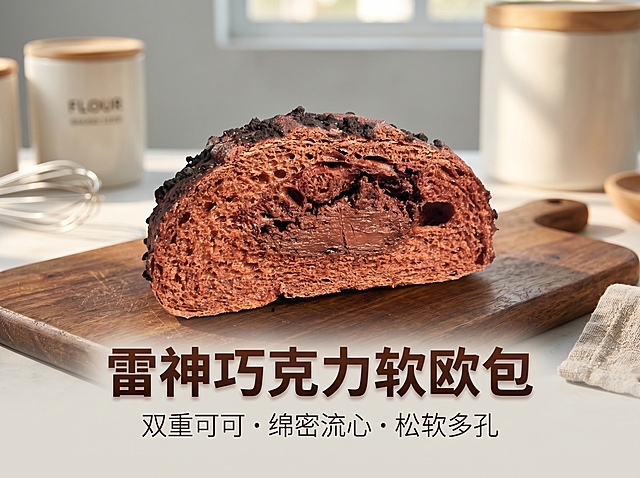 4:3 横版电商详情首屏，复古文艺+自然治愈融合风，暖调自然光下，对半切开的奥利奥巧克力流心软欧包置于深棕木纹砧板上，背景为干净柔和的浅灰调烘焙场景，严格还原参考图产品细节，包括面包可可外皮、奥利奥碎顶、绵密流心内馅，产品尺寸比例保持1:1。添加文字：主标题“雷神巧克力软欧包”使用低饱和深棕渐变无衬线粗体，副标题“双重可可・绵密流心・松软多孔”使用同色系细体，居中对称排版，文字位于画面中下部，整体画面温暖治愈，突出产品整体质感与食欲感，字体风格统一为无衬线极简文字+低饱和渐变，粗细对比排版，搭配薄阴影文字，画面高清、质感高级，无割裂感