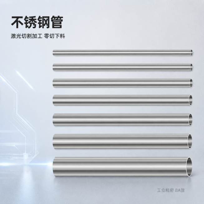 [电商主图1] 展示多款不锈钢管材，产品为工业不锈钢管
[氛围风格] 简约科技风，浅灰科技背景，工业金属质感，高清商业摄影
[画面元素] 保持原图中不锈钢管的排列方式、金属银光泽和空心结构不变，产品位预览效果