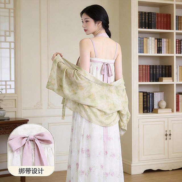 [主图-3] 改良汉服齐胸连衣裙背面展示，同一位年轻亚洲女模特，模特轻轻转身背对镜头，手轻撩外衫衣袖，展示裙子背部和外衫设计，保持汉服本身淡绿色外衫+粉色系带+白底粉玫瑰印花连衣裙的颜色与花纹与原图完全一致，保证版型结构颜色细节没有任何变形。整体风格高级感松弛感，柔和时尚摄影光影，背景同为浅米色简约中式书房保持风格统一，商品主体占比约70%，画面满版无边框。左下角圆角放大画中画展示系带蝴蝶结细节，标注“绑带设计”小字。光影均匀柔和，主色调浅绿+米白+粉色，1:1比例，2k分辨率，超高清画质。负向提示词：变形，水印，文字错乱，产品图模糊，背景杂乱，模特姿势重复，断头照。
