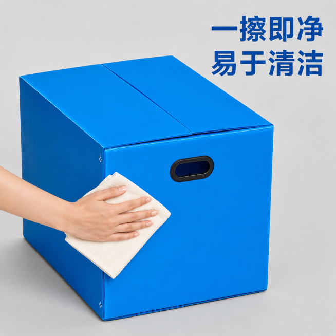 [主图-9] 中空板周转箱易清洁展示。
[氛围风格] 清洁过程演示，直观便捷。
[画质] 商业摄影质感，光线均匀通透，产品清晰真实，画面干净高级。
[元素] 人物手部用湿抹布擦拭蓝色中空板周转箱表面，预览效果