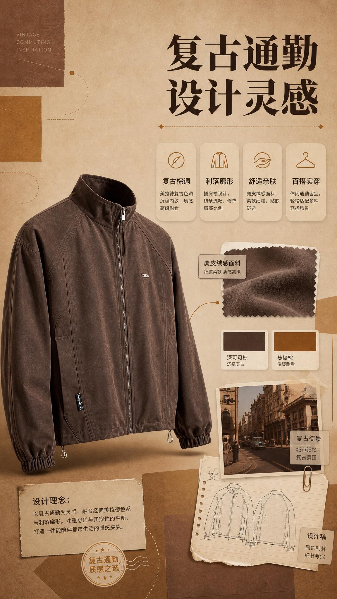 [商品] 使用【图1】深棕色立领休闲夹克；商品处理：保留立领、… - 图片创意预览