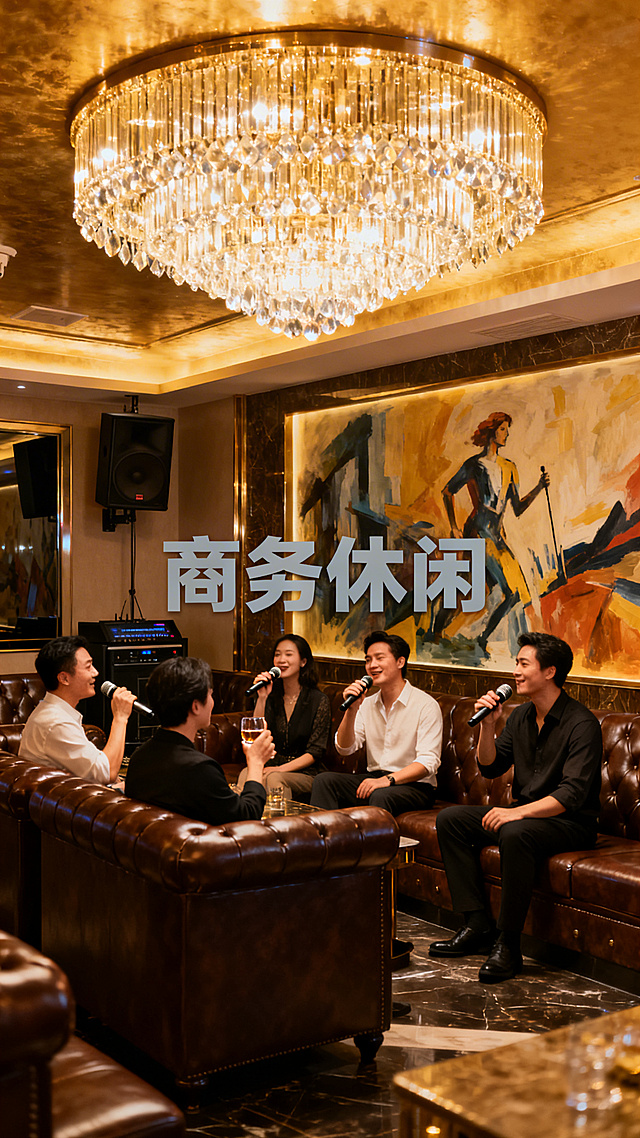 商务KTV内部场景，装修高端大气，有精致的灯光、沙发、音响设备，画面中可以出现休闲娱乐的人物，可加入合适的装饰性文字，禁止出现联系方式、二维码、logo
