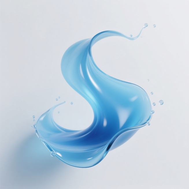 超写实风格的液体造型设计，纯净的白色背景，主体为动态的蓝色液体，呈现出优美流畅的曲线形态，液体表面光滑且富有光泽感，带有清晰的高光和阴影细节，边缘有细腻的飞溅效果和悬浮的小液滴，整体造型灵动飘逸，色彩为清澈的浅蓝色到深蓝色的渐变过渡，光影效果自然柔和，突出液体的透明质感和流动感，画面简洁大气，具有强烈的视觉冲击力和现代设计感。预览效果
